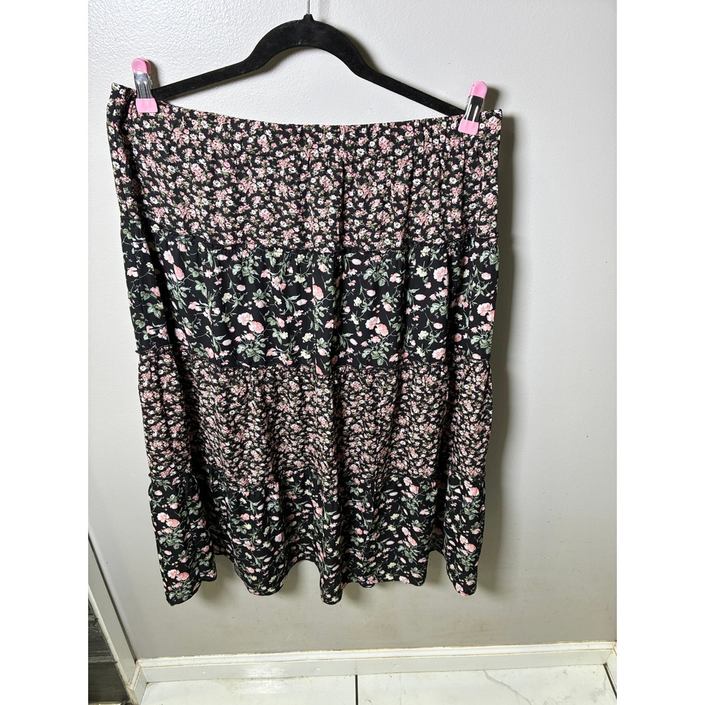 New York & Company Floral Tiered Midi Skirt XL Black Pink Mixed Print Elastic